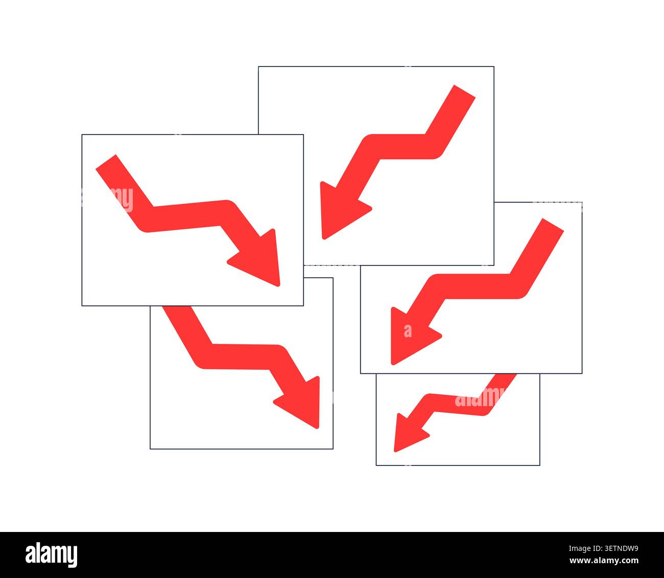 Financial decline arrows cards overlap 2D cartoon object Stock Vector