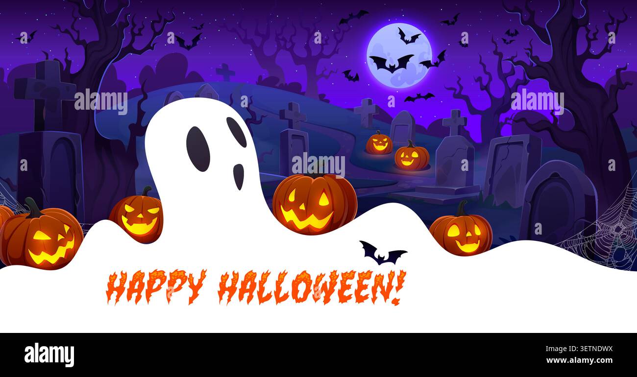Happy Halloween greeting card with graveyard ghost Stock Vector