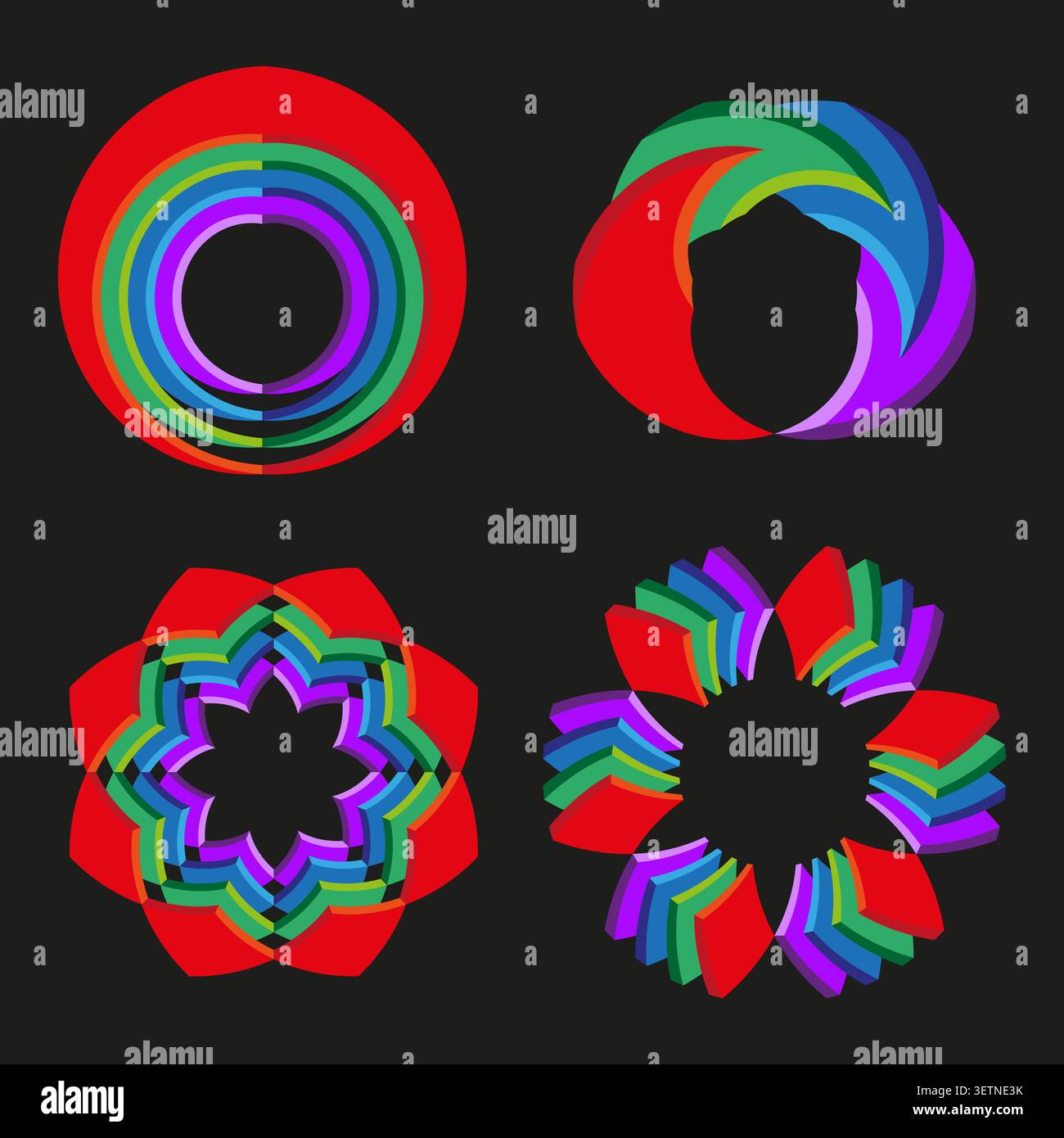 Abstract ring forms pack features colorful vector overlapping circular shapes. Vibrant collection visualizes dynamic energy. eps 10 Stock Vector