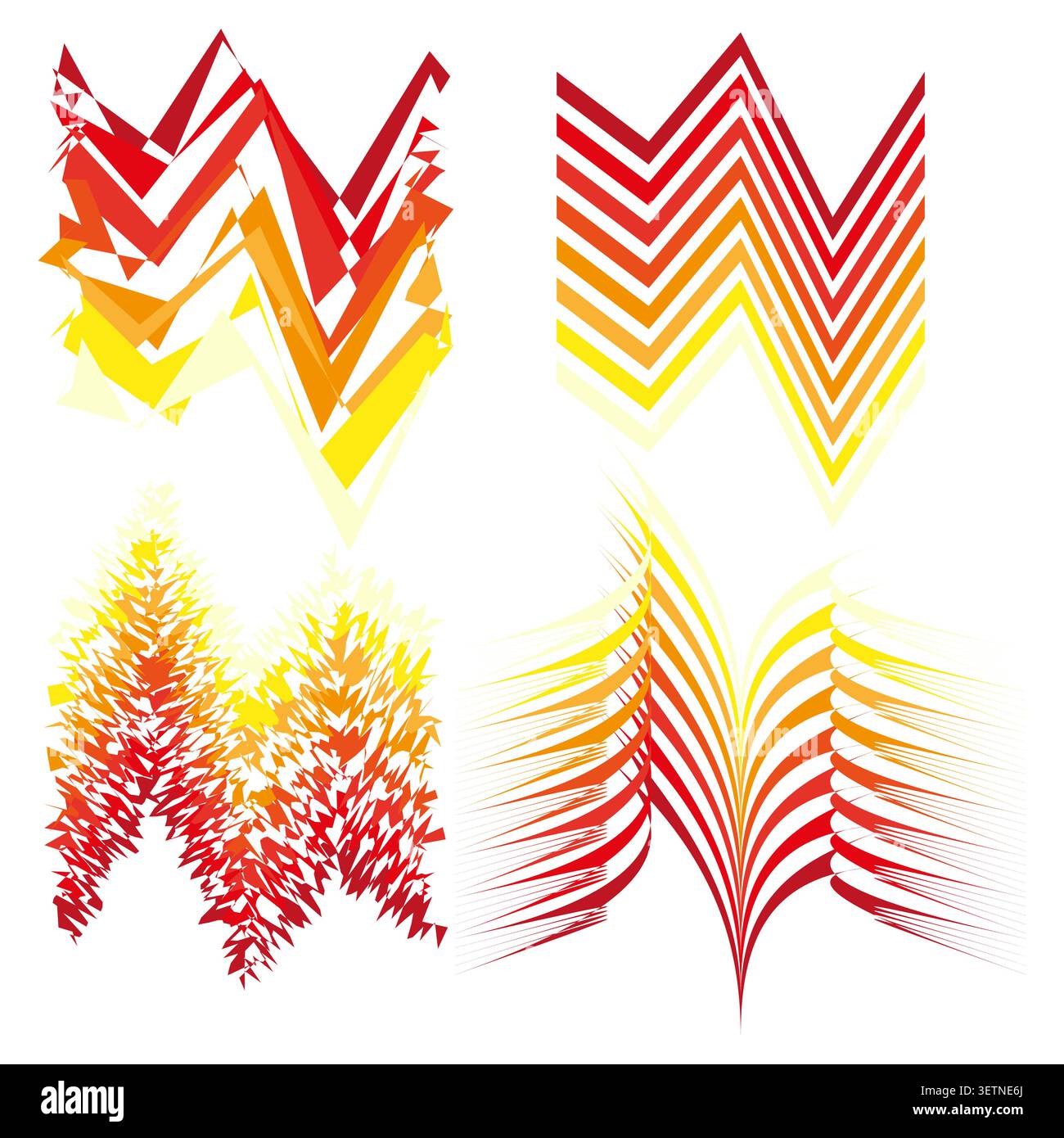 Abstract geometric forms pack features colorful vector zigzag flame shapes. Vibrant collection visualizes wave. eps 10 Stock Vector