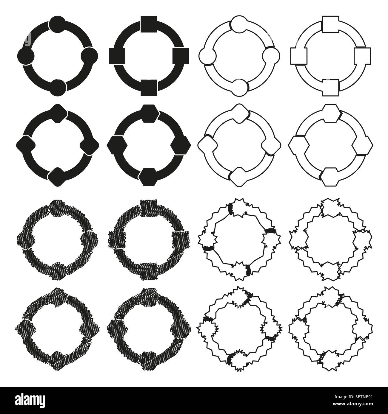 Geometric ring forms pack features black vector puzzle chain shapes. Minimal collection visualizes abstract cycle. eps 10 Stock Vector