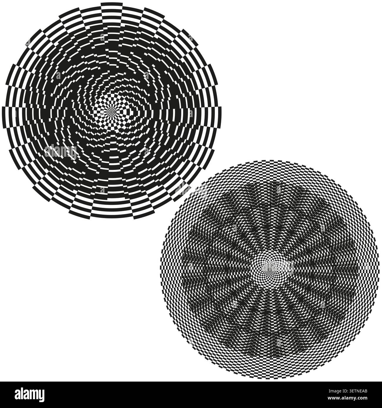 Geometric circular forms pack features black vector checkered illusion shapes. Minimal collection visualizes tunnel. eps 10 Stock Vector