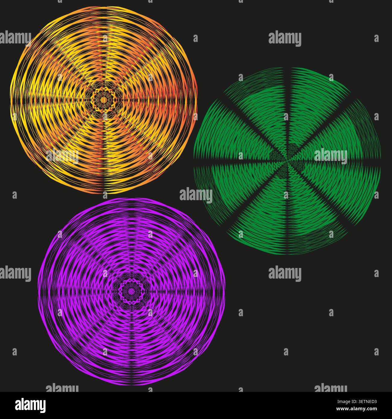 Abstract circular forms pack features colorful vector wireframe radial shapes. Vibrant collection visualizes mandala. eps 10 Stock Vector