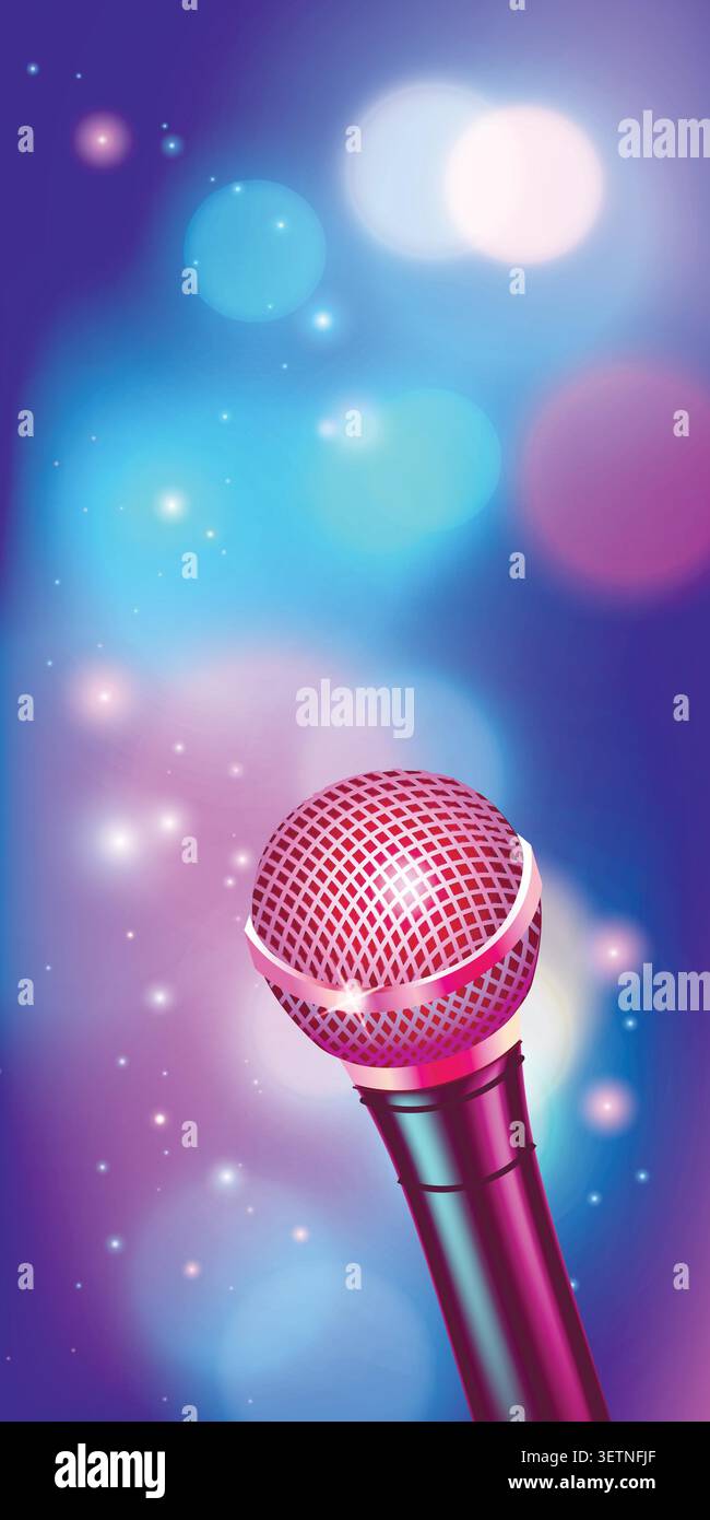 Pink microphone glows on colorful stage lights Stock Vector