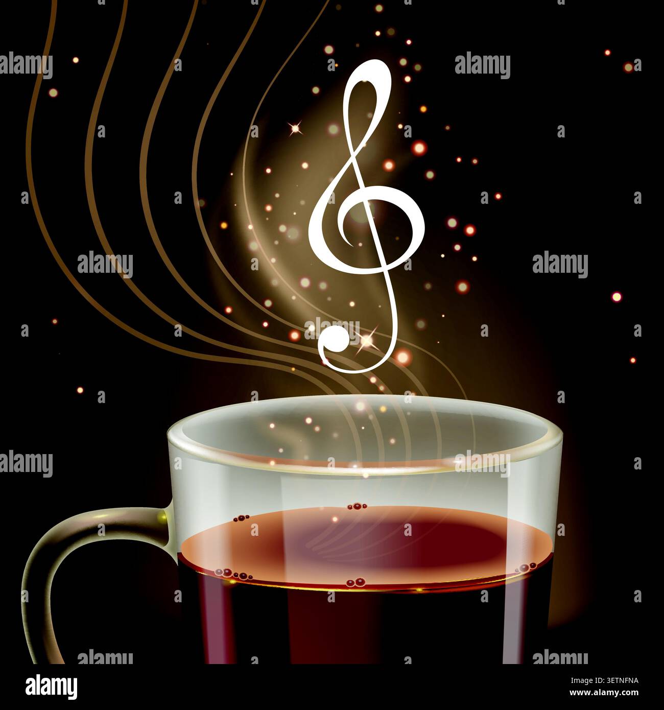 Warm coffee steams beside a glowing musical note Stock Vector
