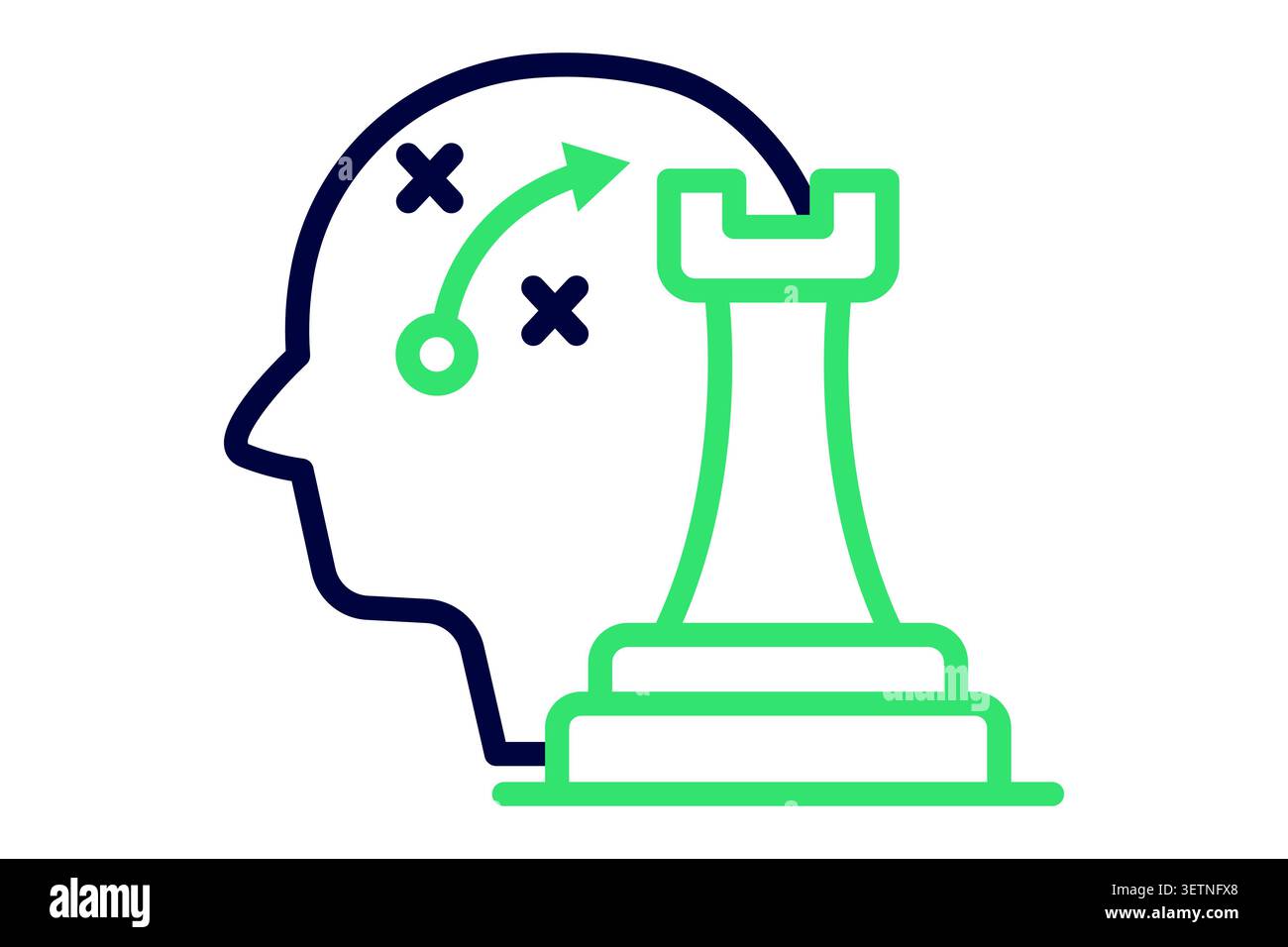 Tactical line icon. of a human head featuring a tactical play map X and an arrow alongside a chess rook piece. Stock Vector