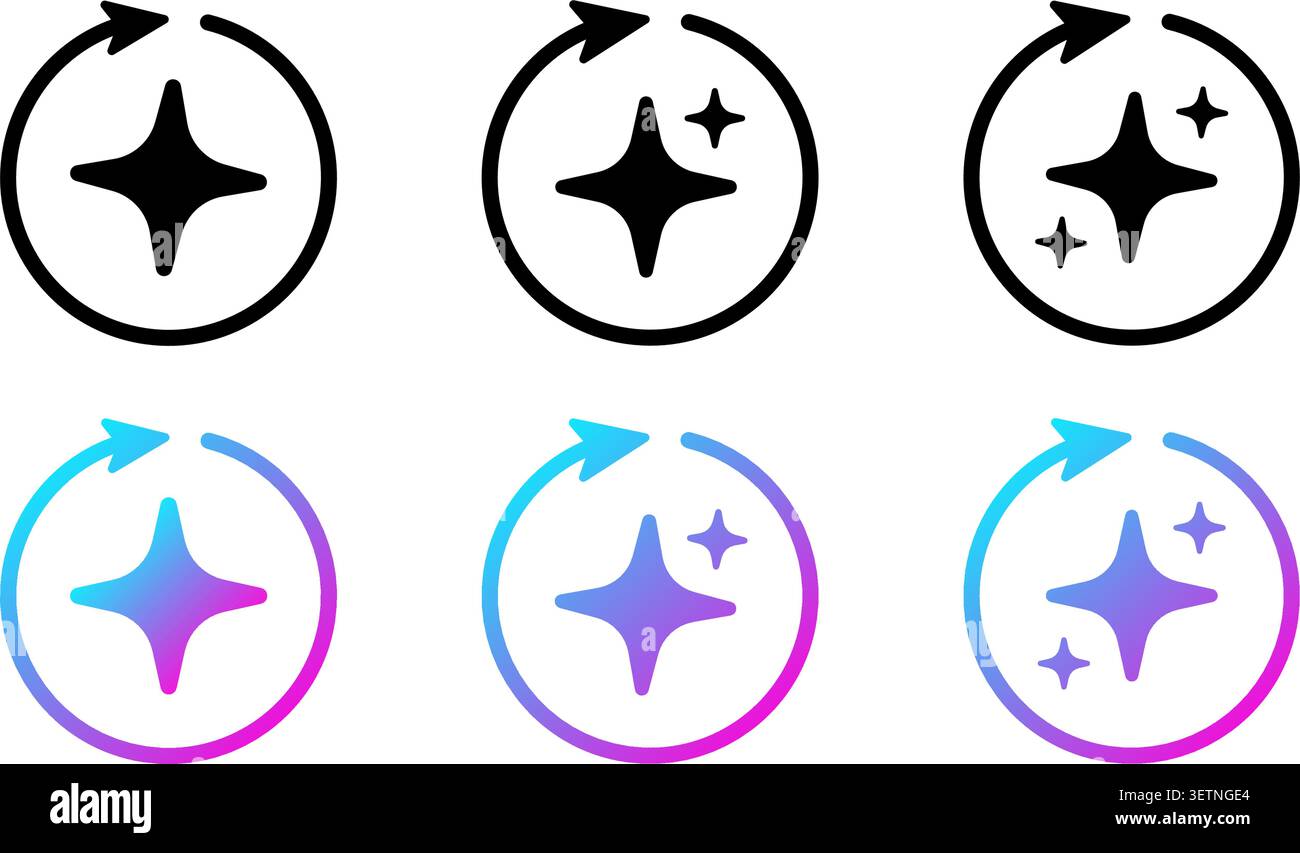 AI star refresh circle line arrow icon. Round regenerate arrow neon purple icon. Digital reset artificial intelligence infographic element. Refresh Stock Vector