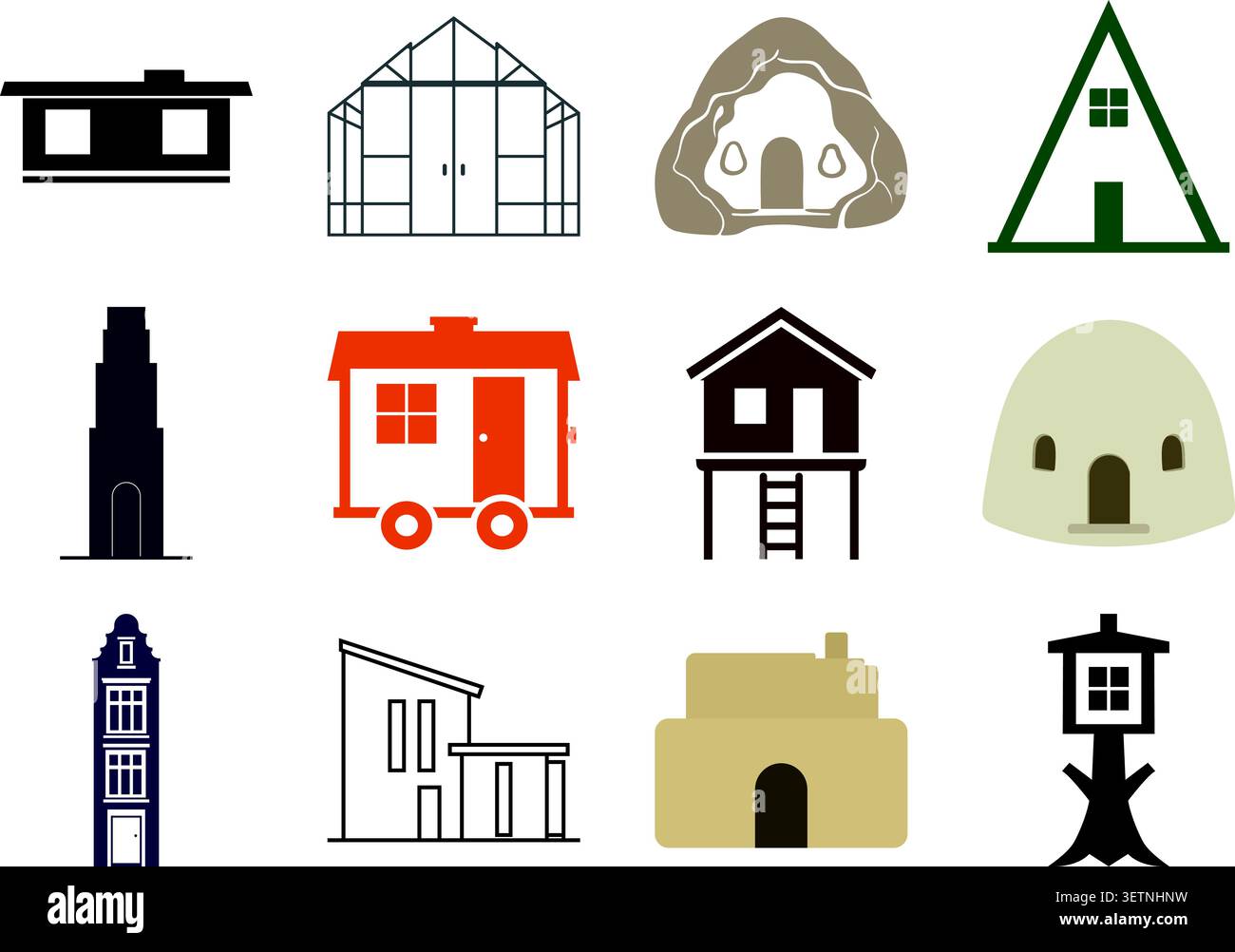 A flat illustration set featuring various house and building designs. Stock Vector