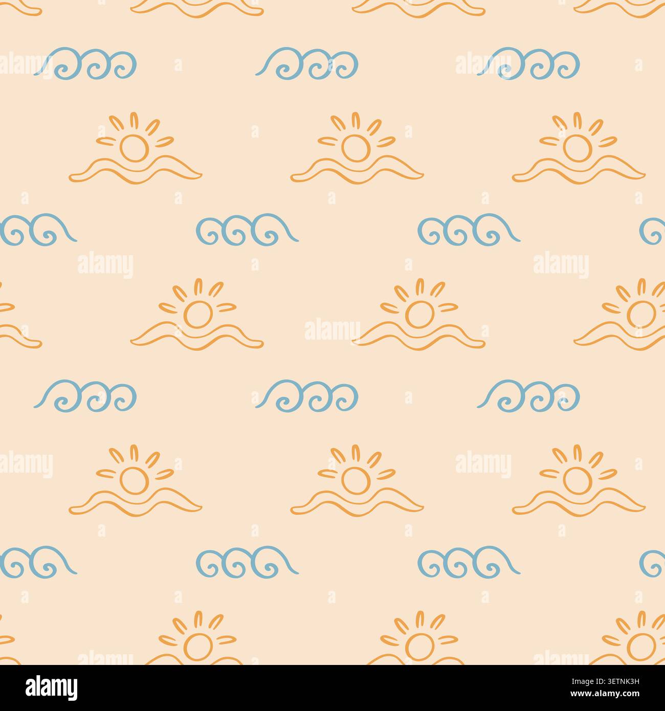 Boho sun and blue waves vector seamless pattern Stock Vector