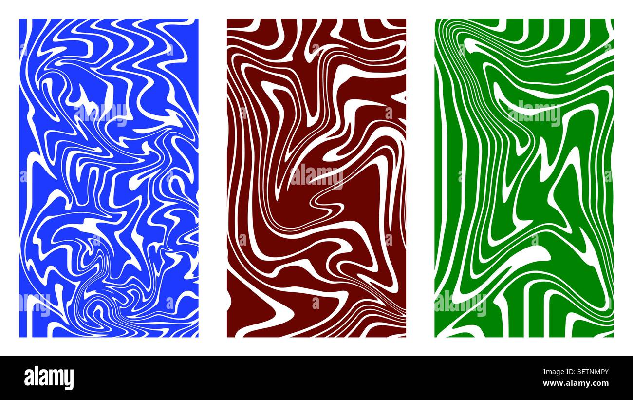 Abstract liquid marble texture background set with psychedelic groovy waves Stock Vector