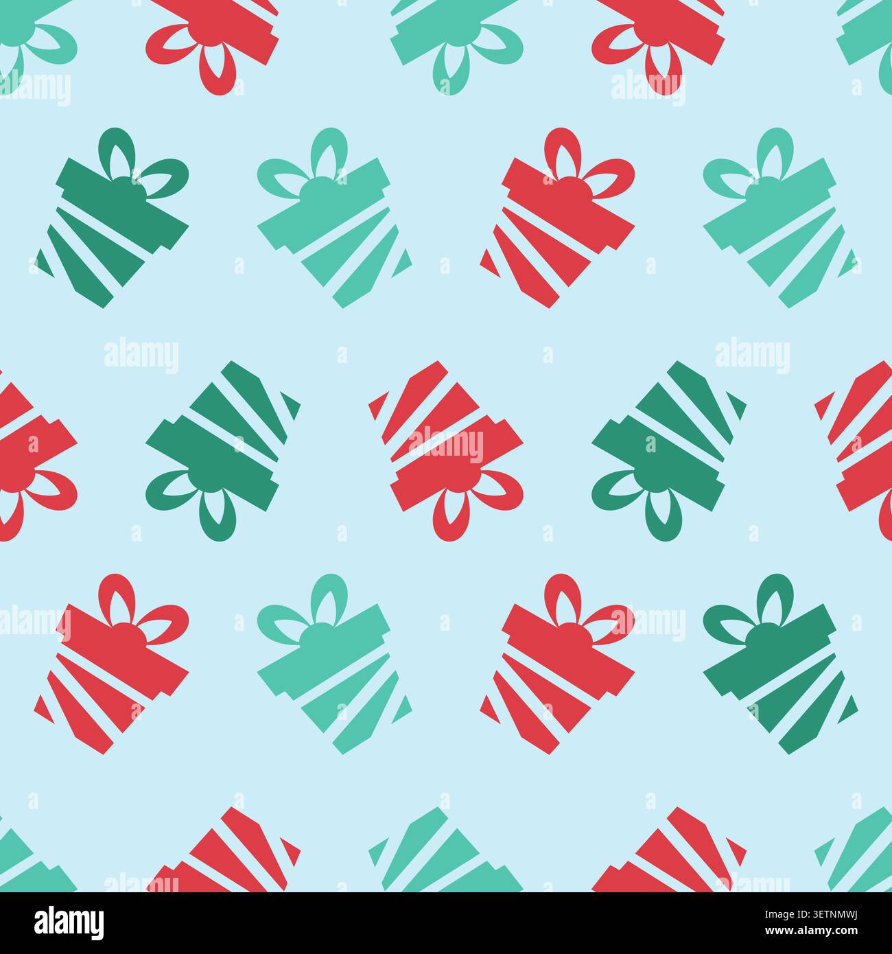 Repeated pattern of gift boxes with bows on a blue background. Vector illustration Stock Vector