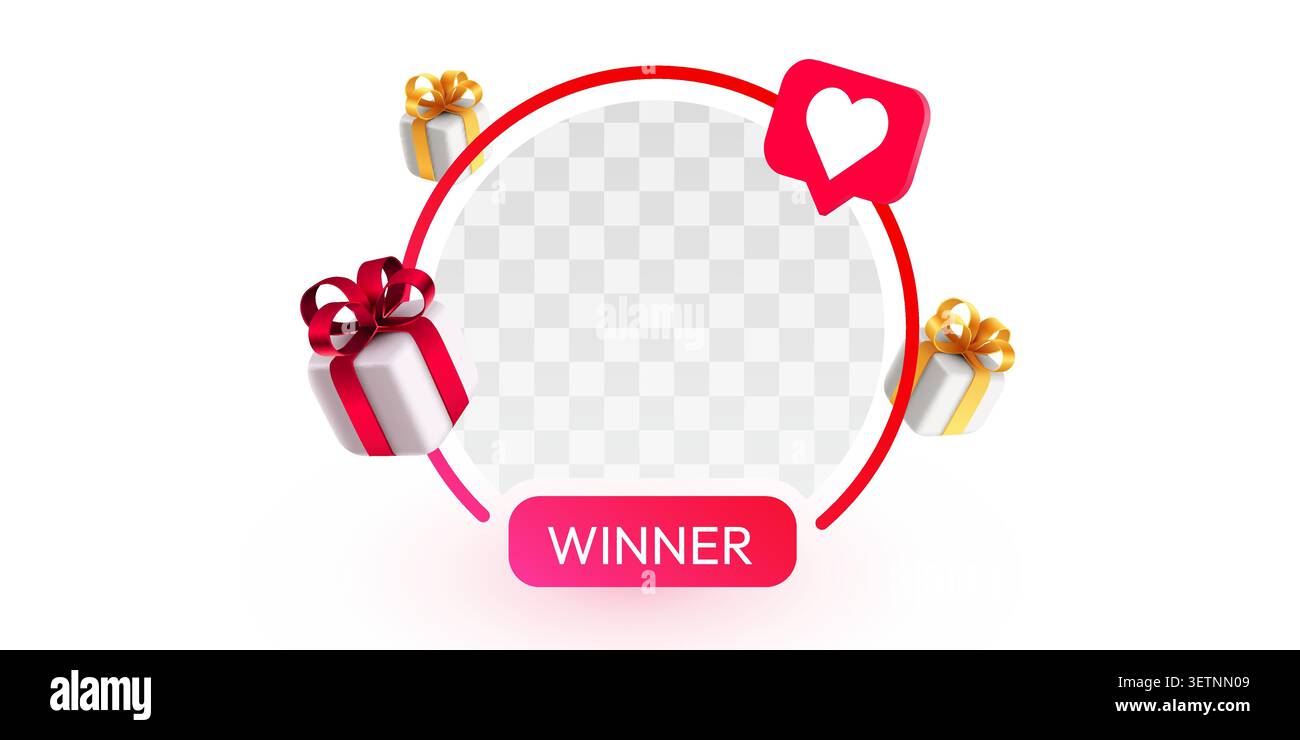 Winner frame with gift boxes and heart icon for social media. Perfect for giveaway and contest. Vector illustration Stock Vector