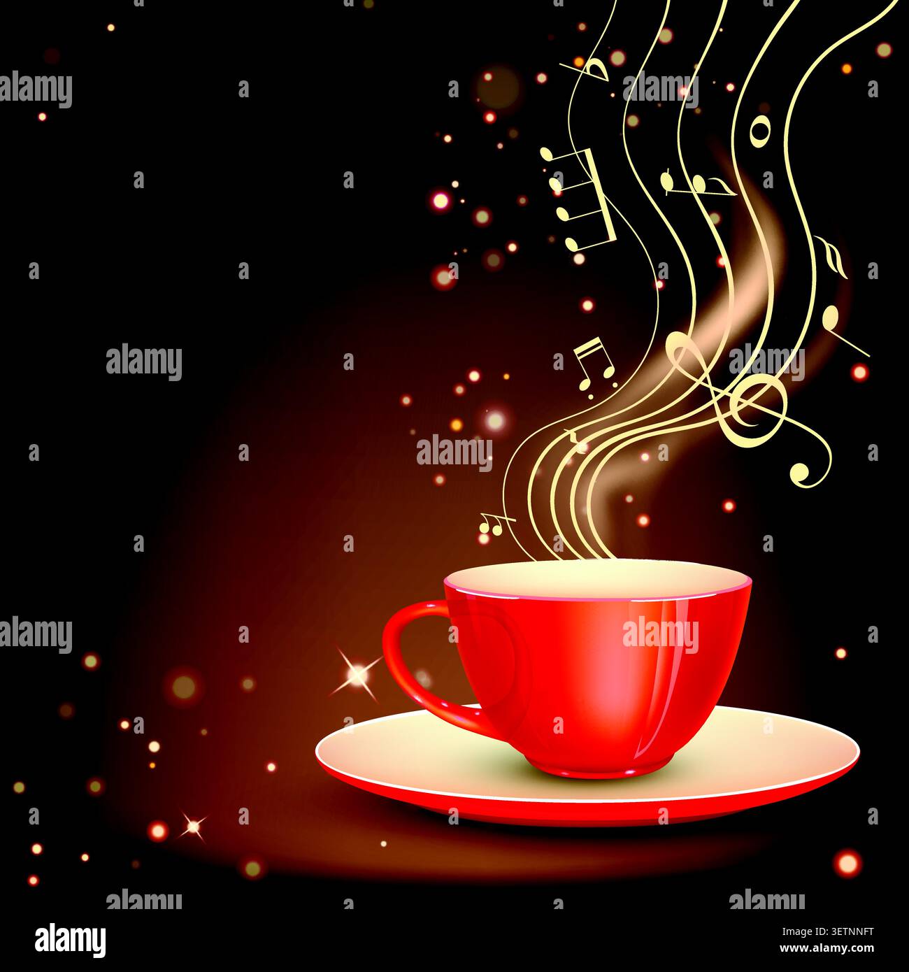 Warm red cup steams with musical notes rising Stock Vector
