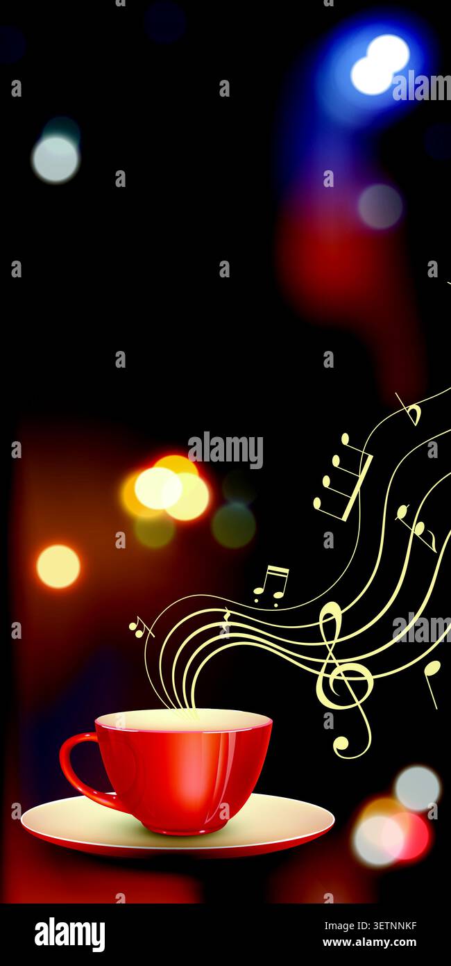 Red cup steams gently beside musical notes Stock Vector