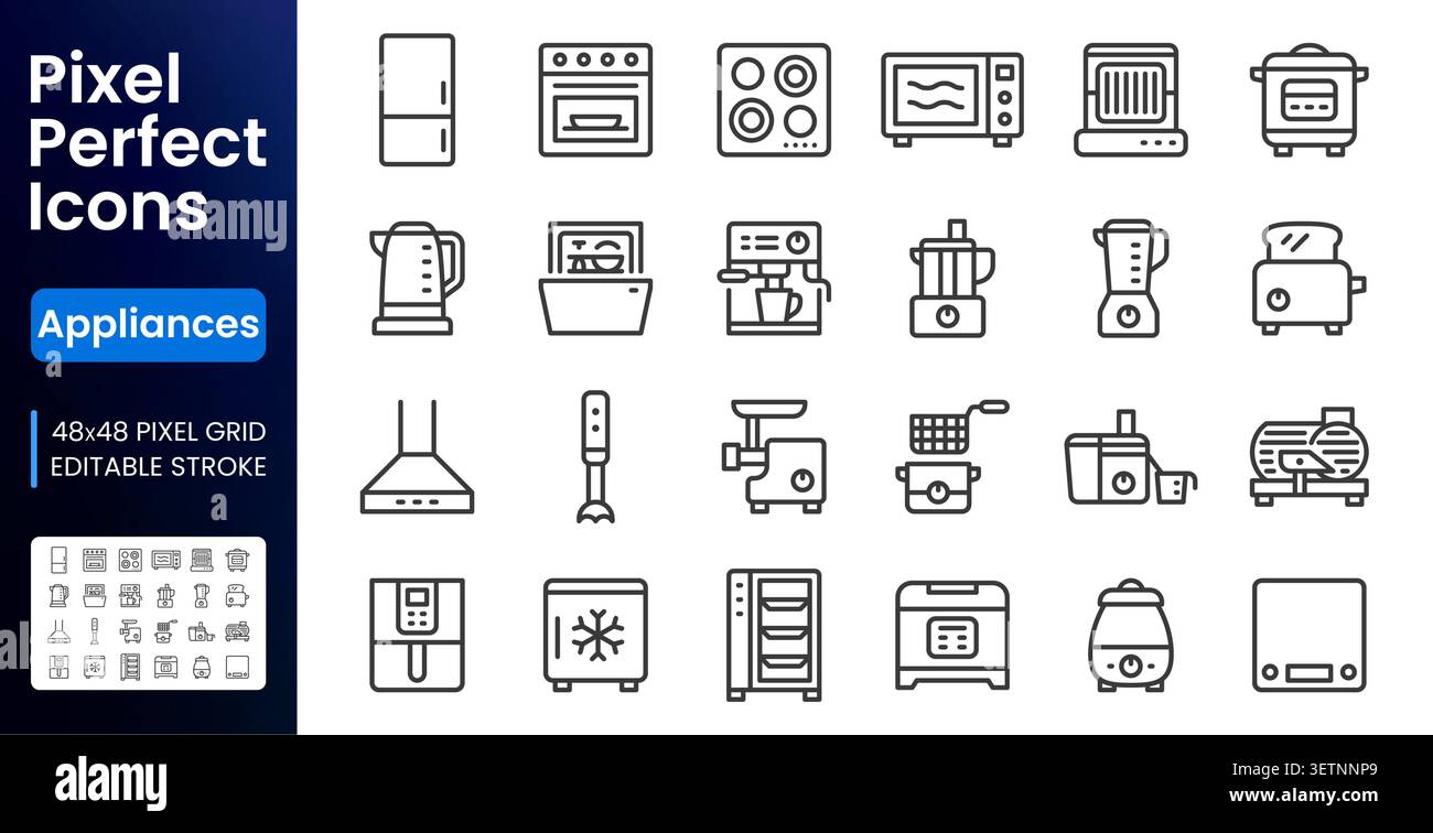 Kitchen appliances line icon set. Refrigerator, oven, microwave, blender, toaster, kettle, coffee maker linear minimal vector illustration. Simple Stock Vector