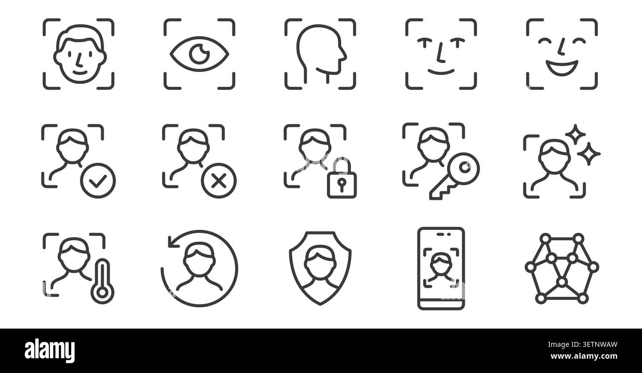 Face scan line icon set. Facial recognition, biometric authentication, security AI verification, artificial intelligence analysis vector illustration Stock Vector
