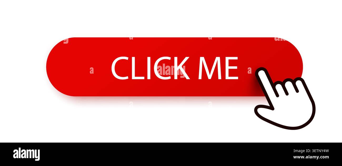 Red button with Click Me text and hand cursor for web interface and call to action. Vector illustration. Stock Vector