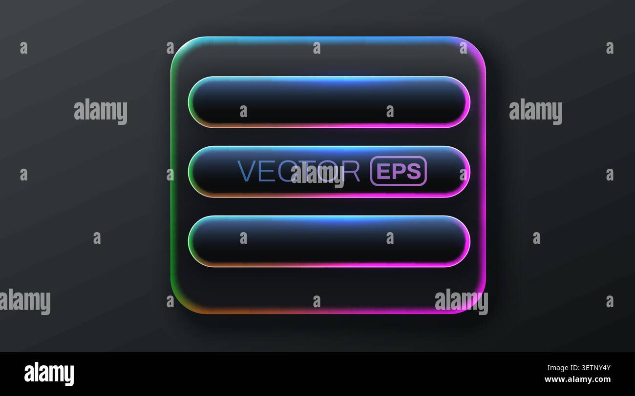 Neon glowing ui buttons and frame set. Modern interface elements with dark aesthetic for design. Vector illustration Stock Vector