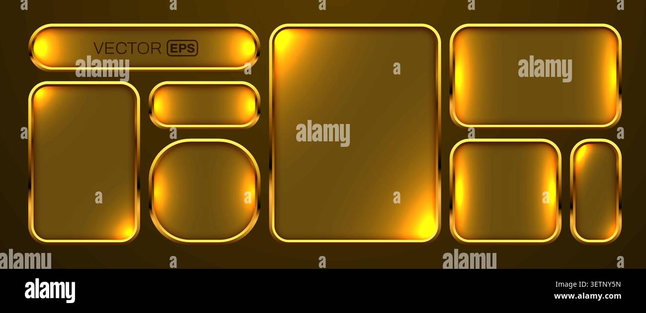 Set of golden glowing button frames and UI elements for web design and app interface. Vector illustration Stock Vector