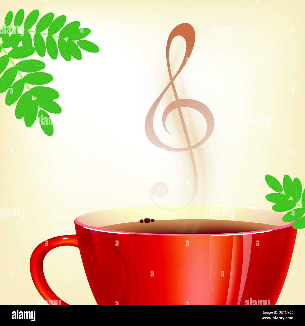 Red cup steams beside a musical note Stock Vector