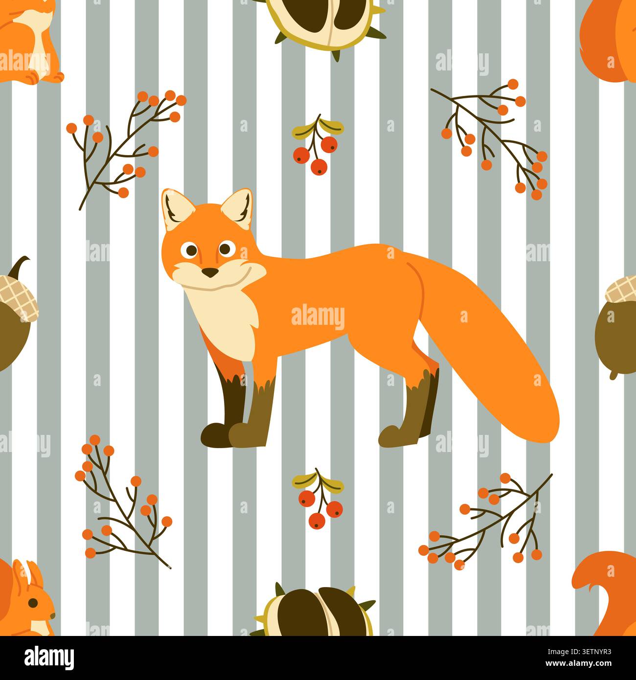Cute Autumn Fox and Berries Seamless Pattern Stock Vector