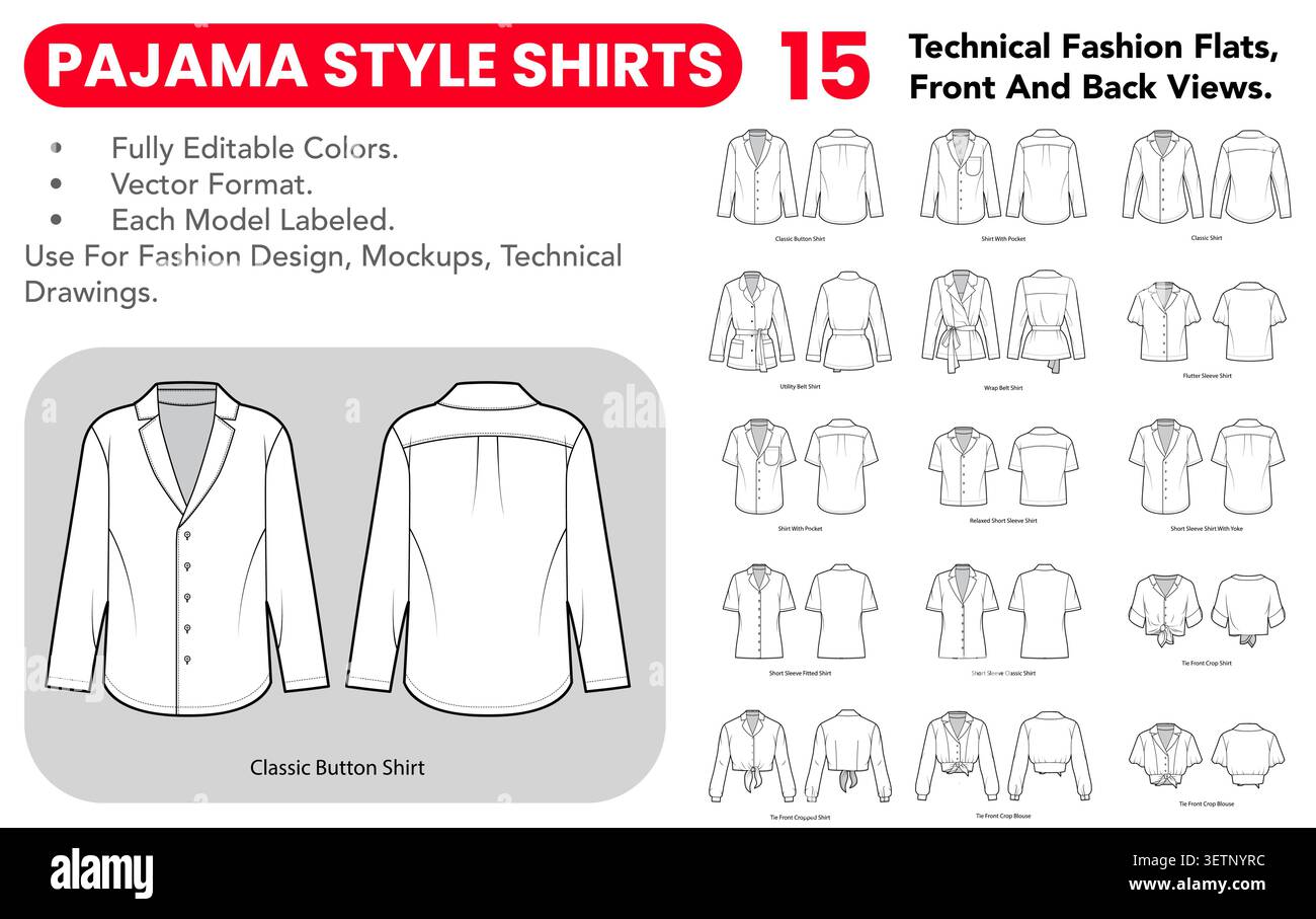 Pajama Style Shirts set with black and white technical fashion flats, front and back views, outline versions, open collars and relaxed silhouettes. Vector illustration Stock Vector