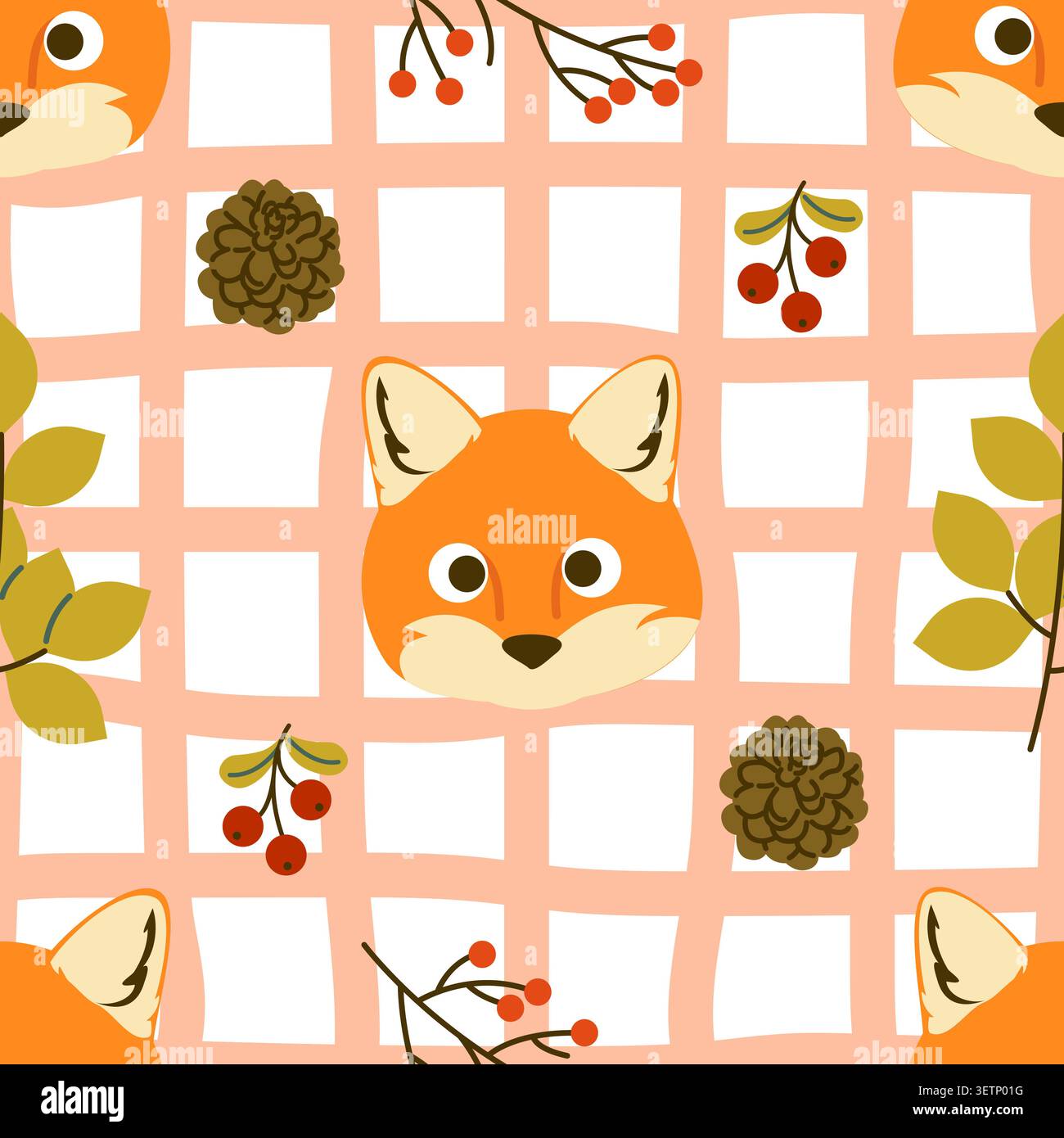 Cute Cartoon Fox Face and Berries Seamless Pattern Stock Vector