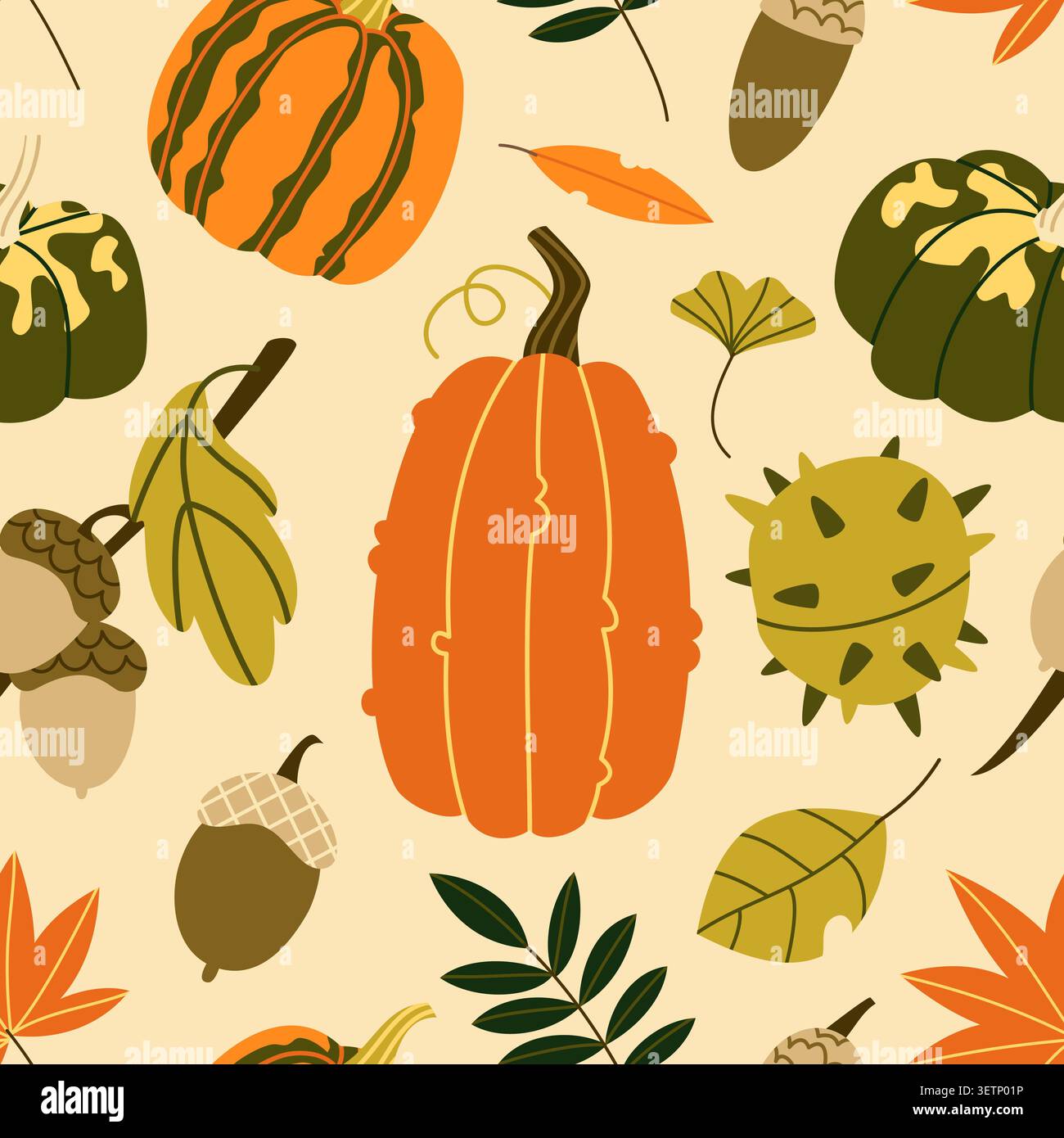 Autumn Pumpkins and Forest Seeds Seamless Pattern Stock Vector
