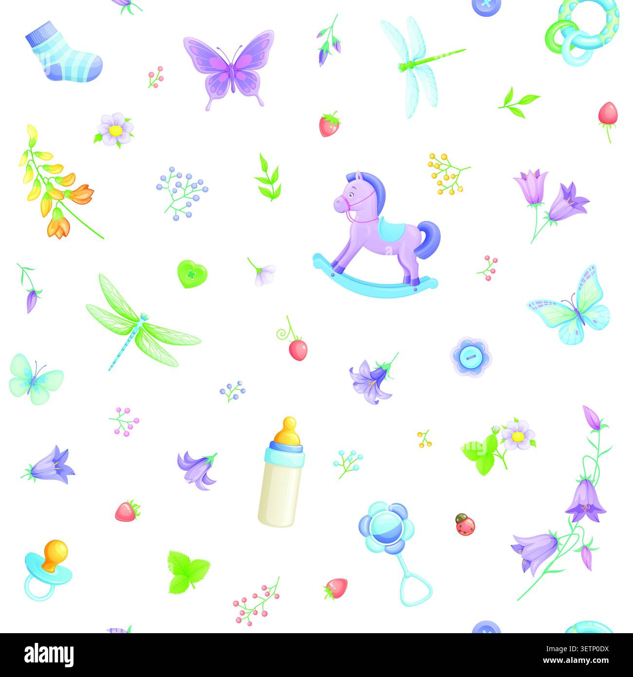 Boy baby shower seamless vector pattern with cute blue and pastel colored elements. Stock Vector