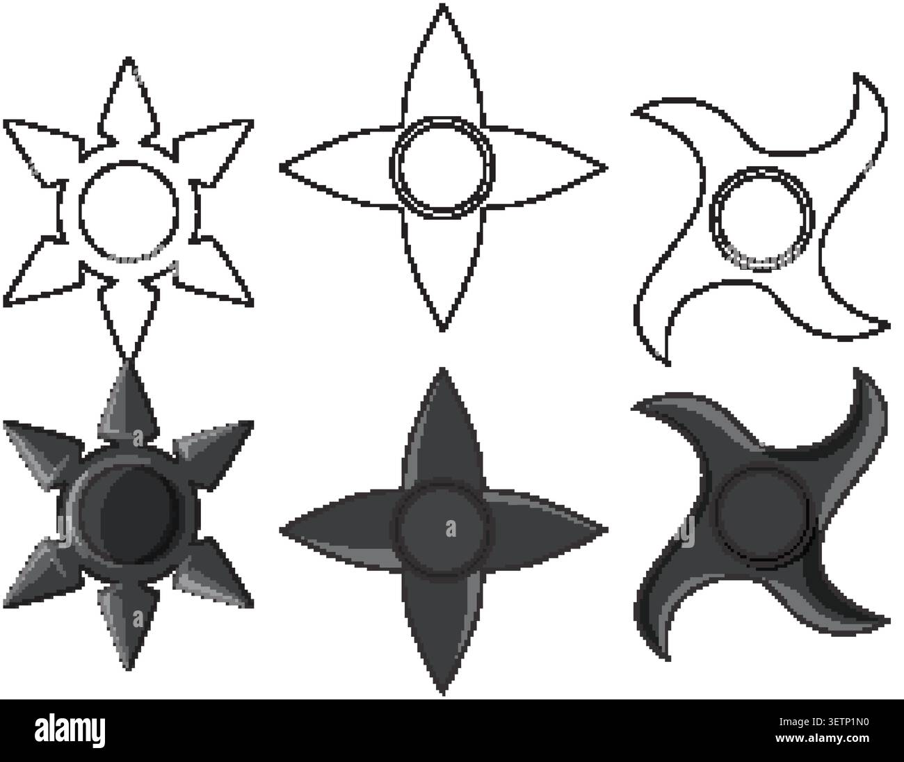 Vector illustration of various ninja throwing stars presented in both black solid and outline styles Stock Vector