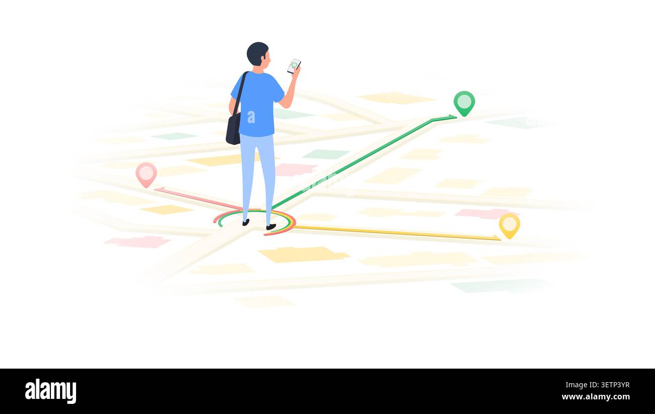 Concept of carsharing services. Man Using Car Sharing or Ride Hailing App on City Map. Vector illustration Stock Vector