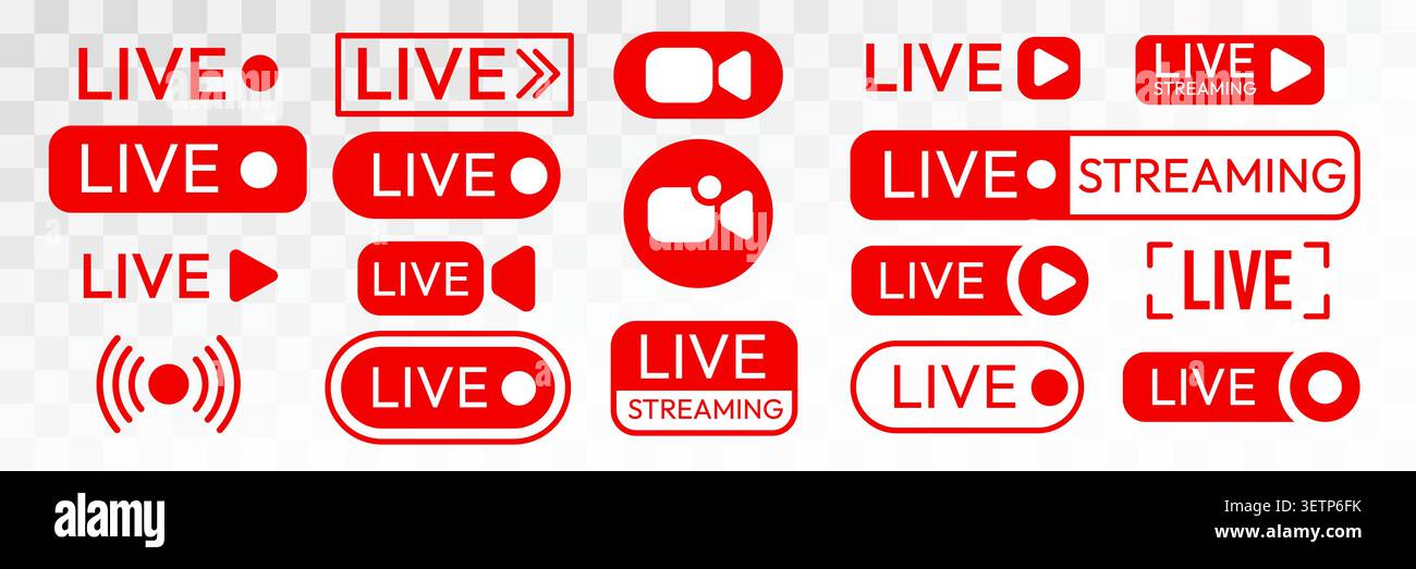 Set of live streaming icons and buttons for digital broadcast and video content. Vector illustration. Stock Vector
