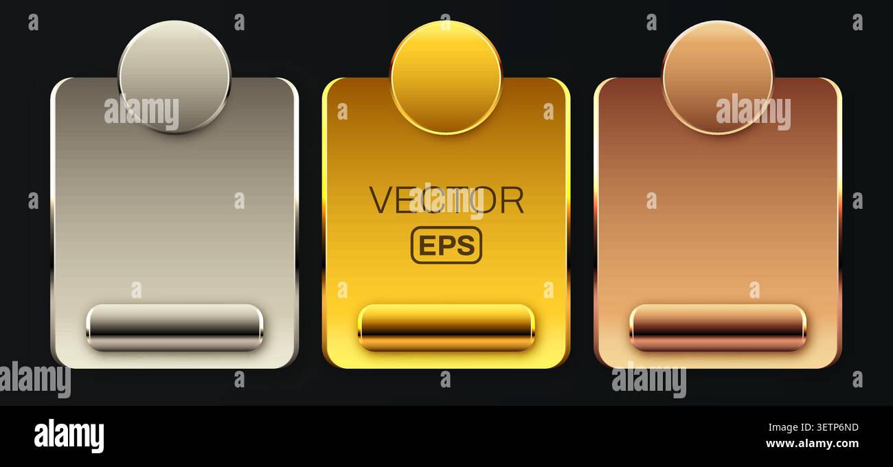 Metallic button frames and UI design elements in gold silver and bronze for web interface. Vector illustration. Stock Vector