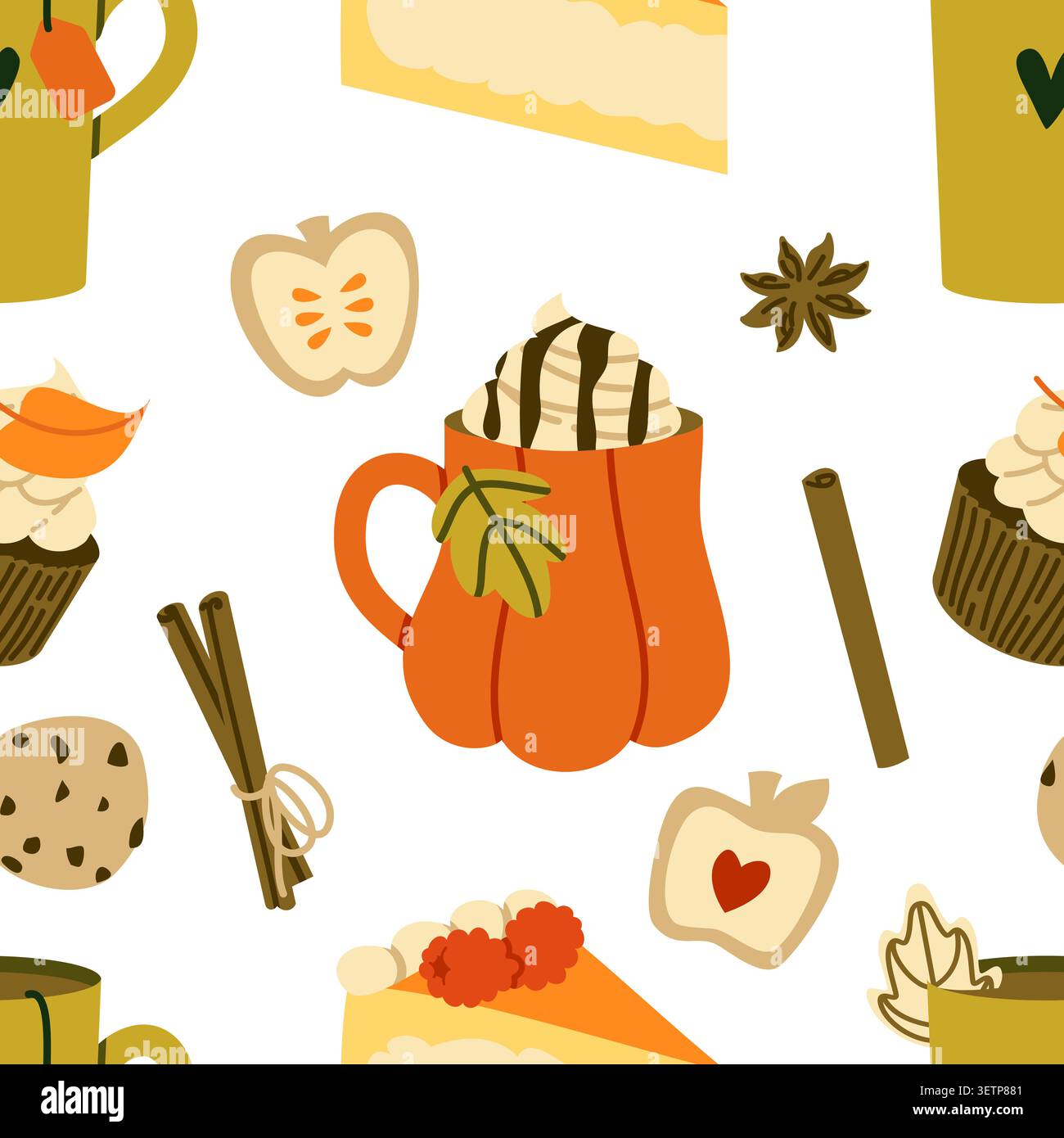Cozy Autumn Sweets and Hot Drinks Seamless Pattern Stock Vector