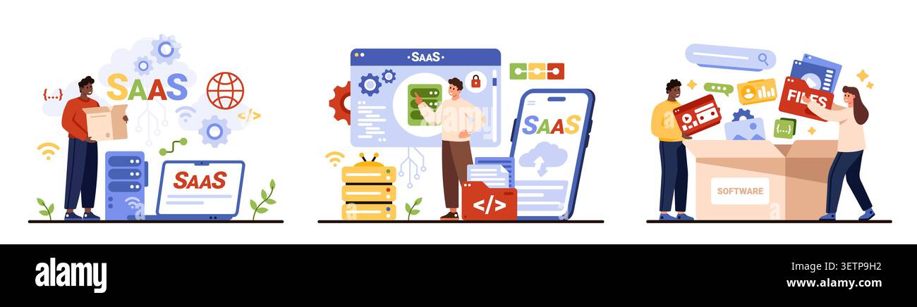Modern SaaS software development concept with people, cloud applications, data storage, coding, user interface, business analytics, subscription technology isolated vector illustration Stock Vector
