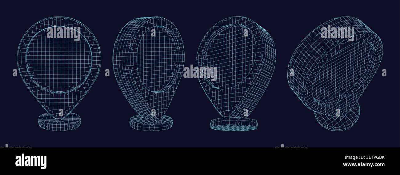 3d wireframe map pointer icons set, digital location pin symbols, navigation markers in different angles Stock Vector