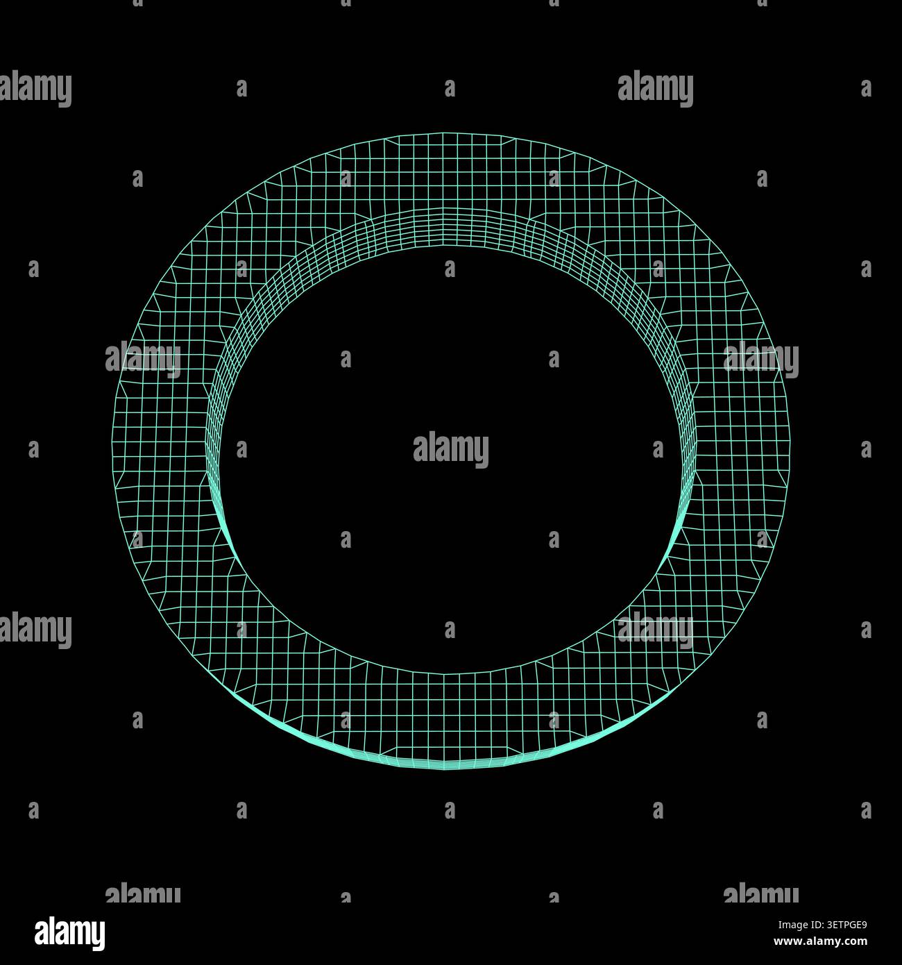 Abstract 3d wireframe ring structure, circular geometric shape with grid pattern, digital technology concept, futuristic glowing cyan torus Stock Vector