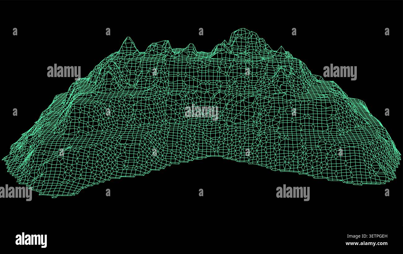 3d wireframe terrain model, digital landscape representation, abstract topographic mesh, geometric mountain surface, computergenerated elevation map, Stock Vector