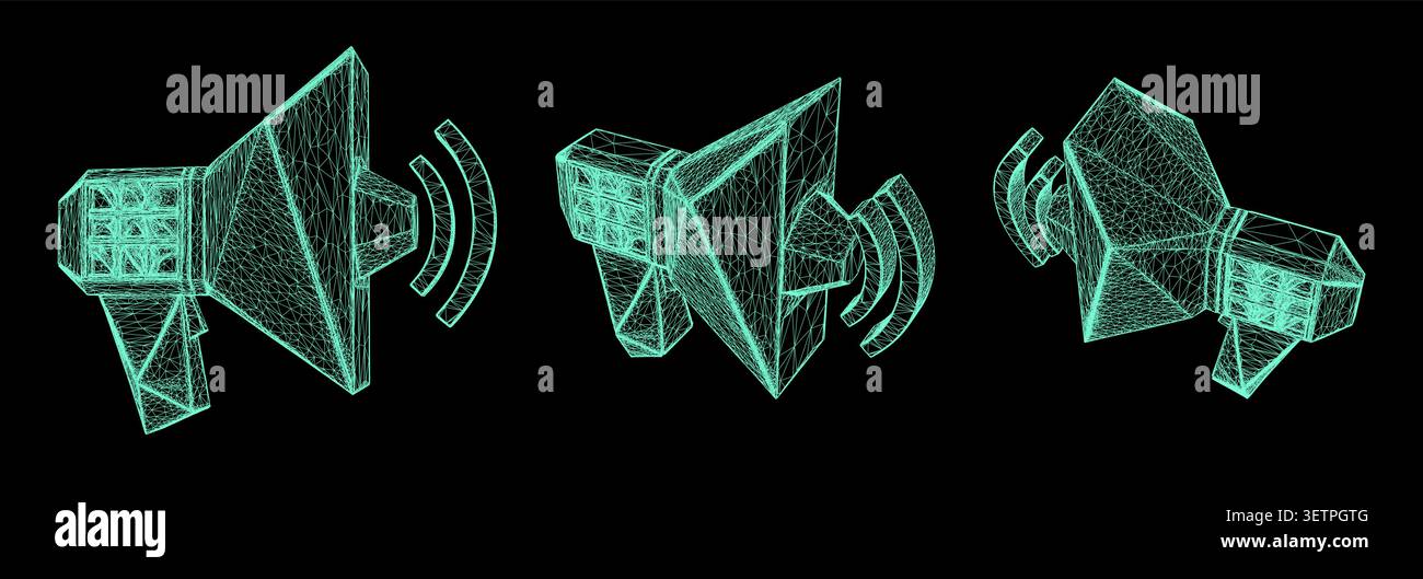Set of three low poly wireframe megaphones in different angles dark background Stock Vector