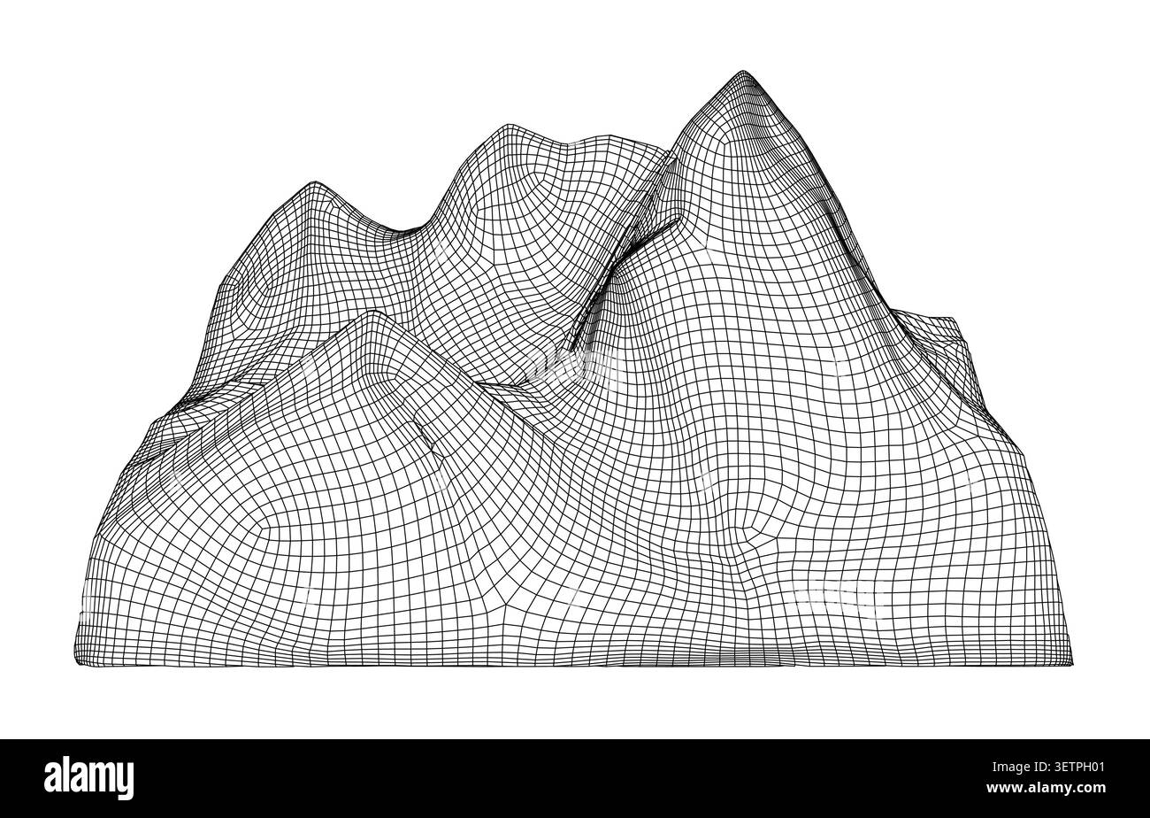 Wireframe mountain landscape, 3d terrain model, abstract digital topography vector illustration Stock Vector