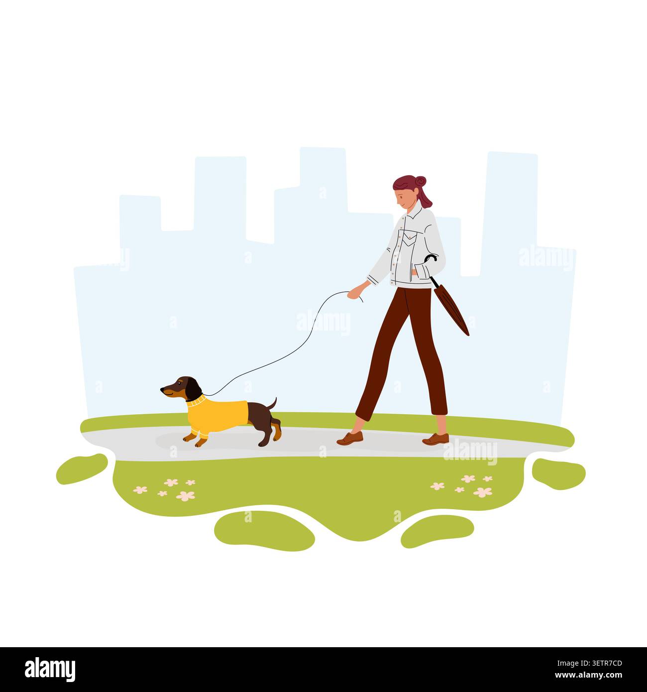 Sad mood. Girl with umbrella walking dachshund on cool summer evening. Vector illustration for melancholy blog, emotional poster Stock Vector