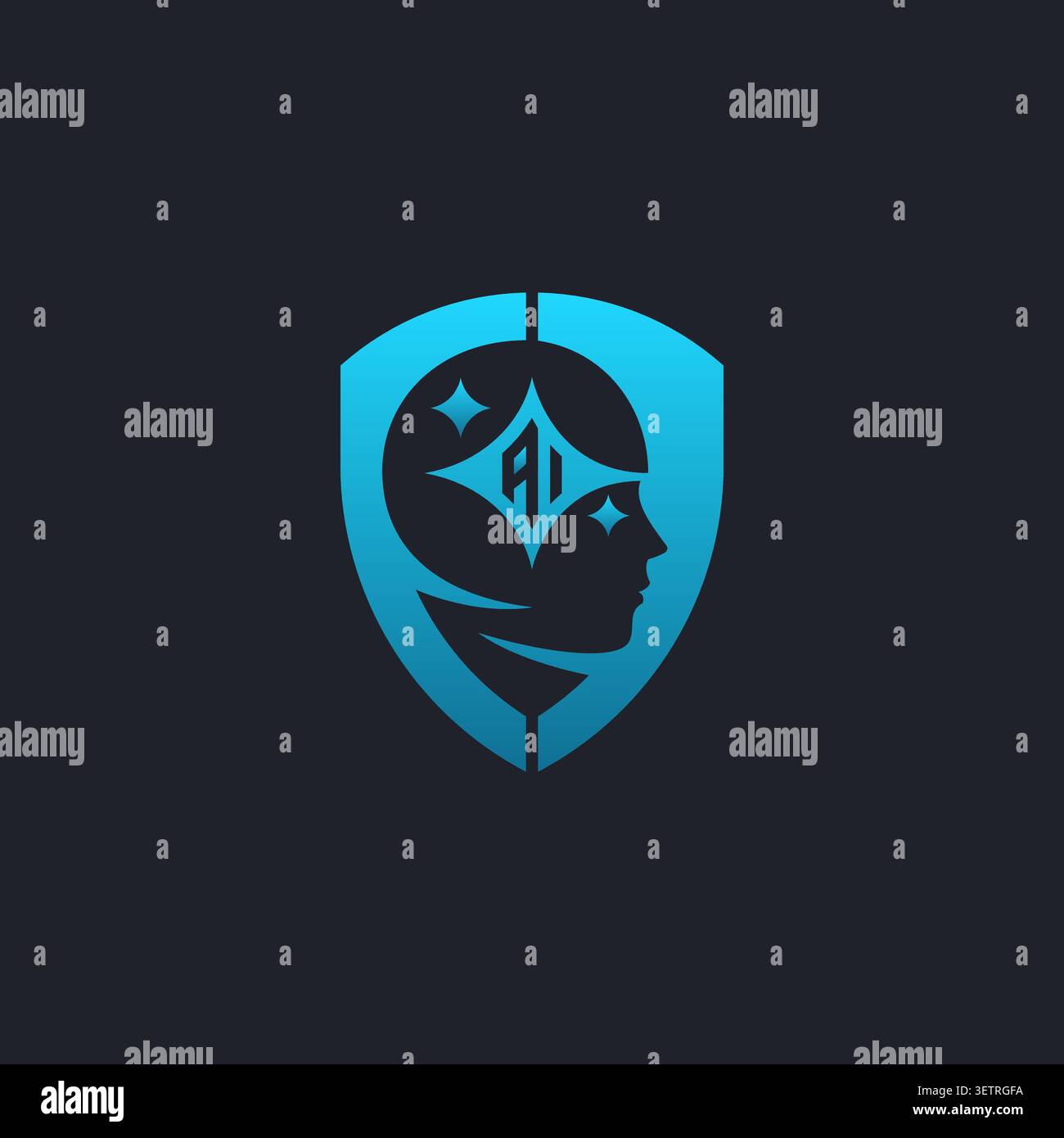 Artificial intelligence logo. Digital mind icon with sparks in shield shape. Stock Vector