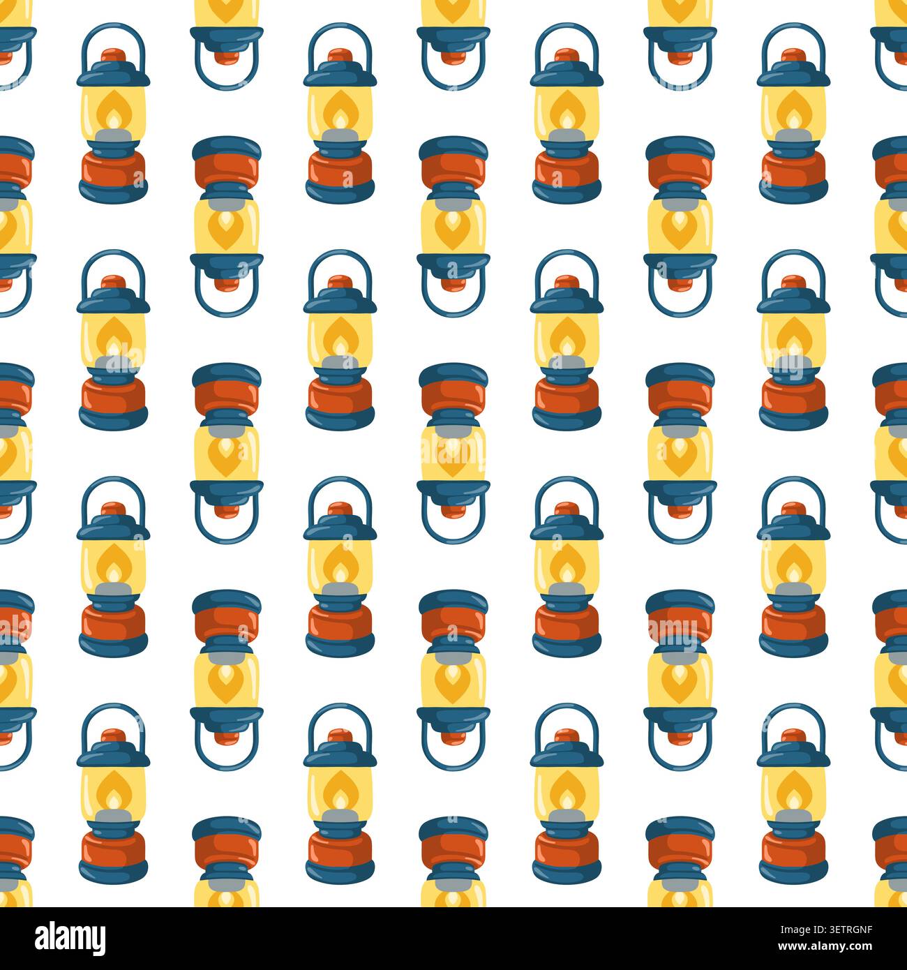 Seamless camping lantern pattern on white background. Cartoon vector print.  Stock Vector