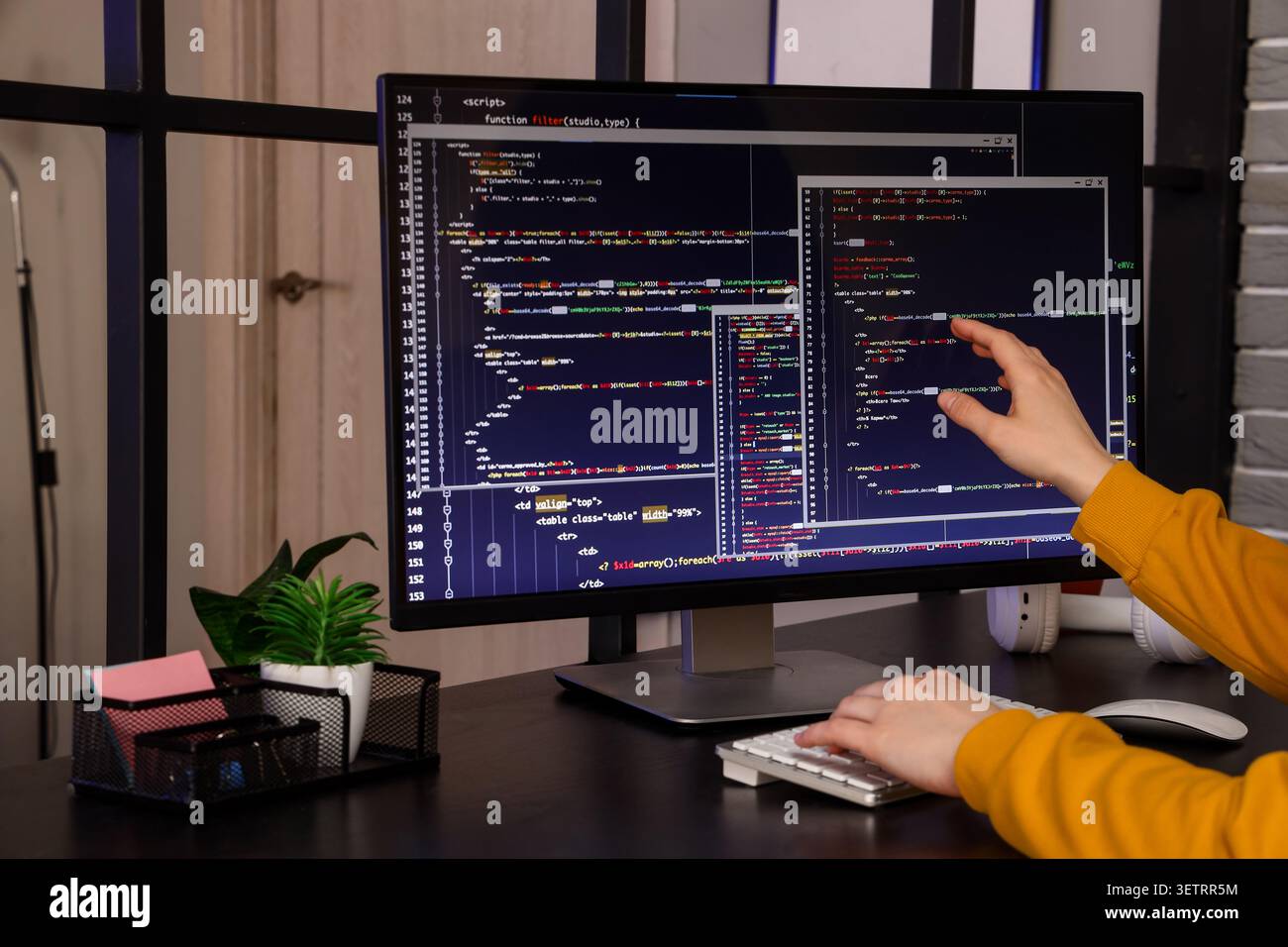 Female programmers hands working with computer at table in office Stock Photo