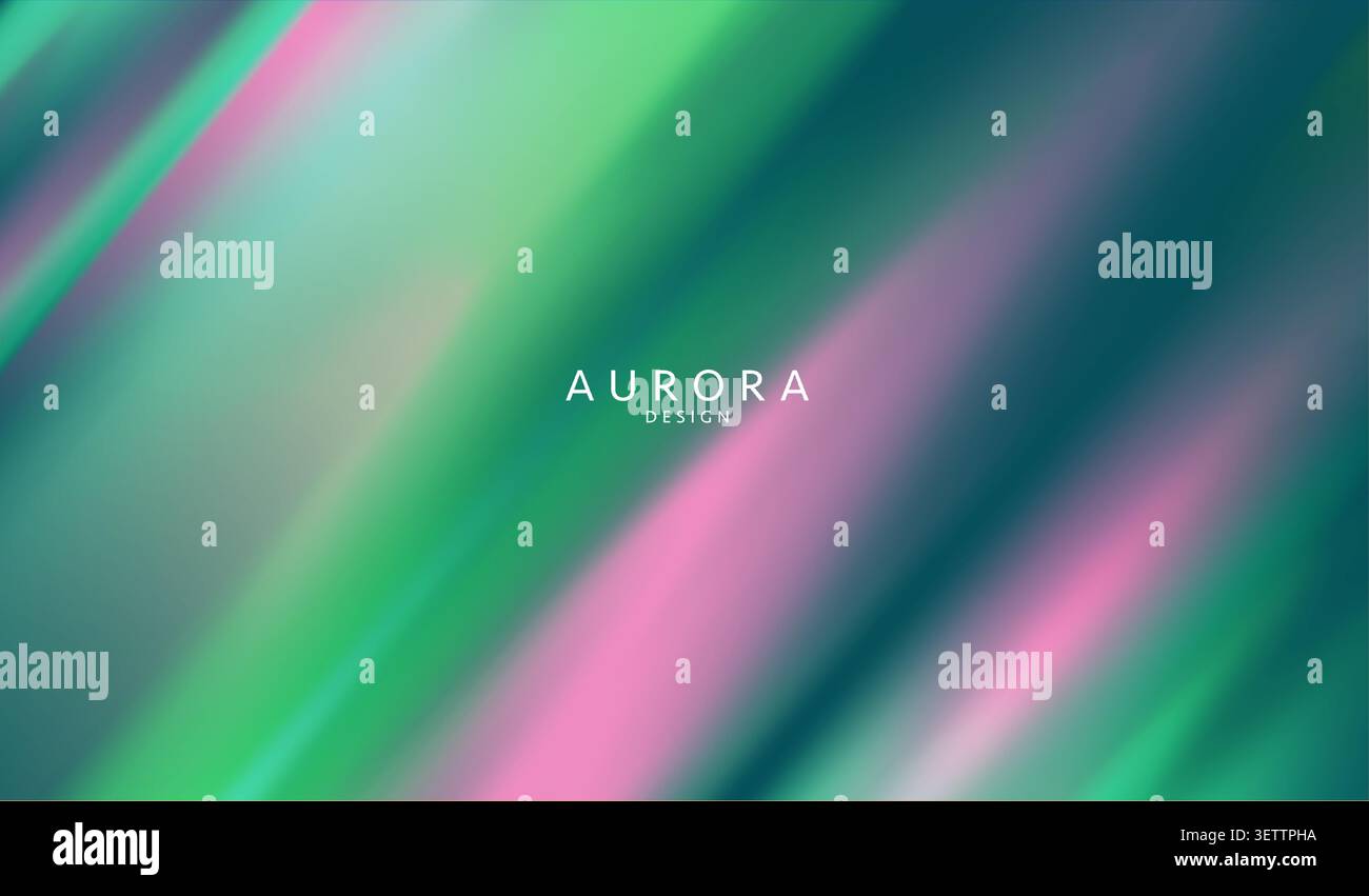 Aurora borealis vector background. Abstract northern lights gradient banner with green, purple and turquoise blurred neon diagonal stripes. Trendy. Stock Vector