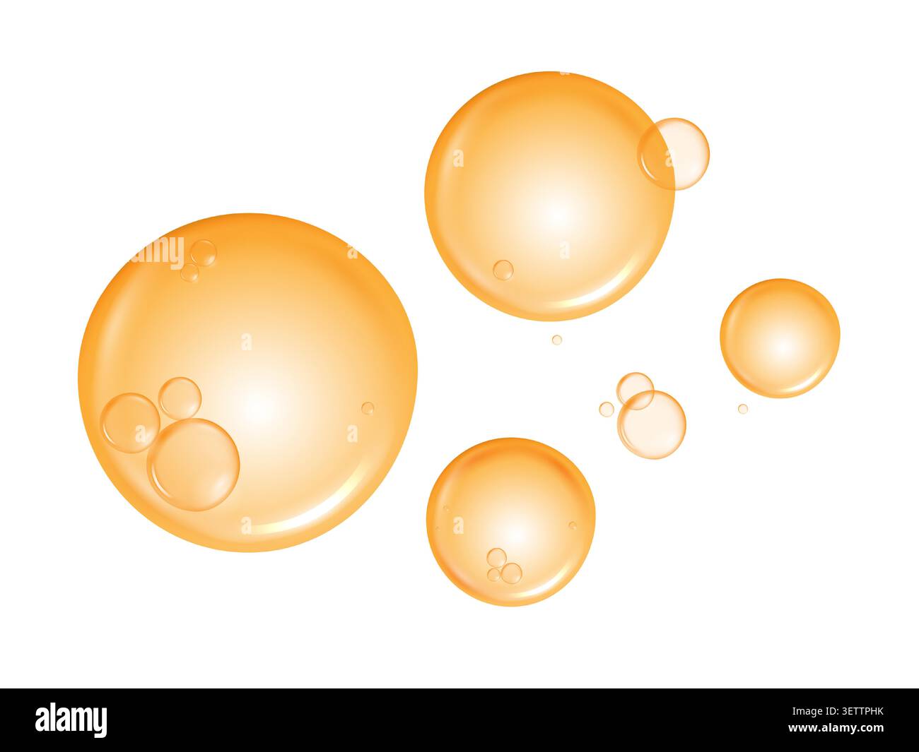 Golden collagen serum drops and vitamin C oil bubbles isolated on white background. Vector realistic orange liquid gel texture elements for cosmetic. Stock Vector