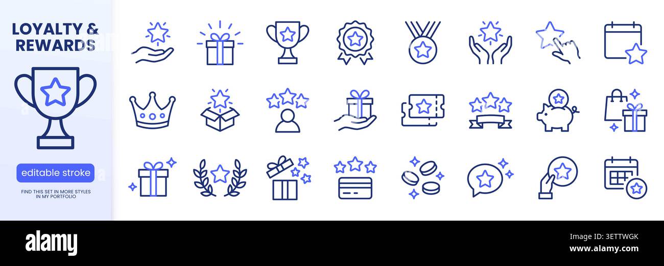 Loyalty and reward line icon set. Gift, VIP badge, trophy, loyalty card, redeem point minimal vector illustrations. Simple outline signs for bonus Stock Vector