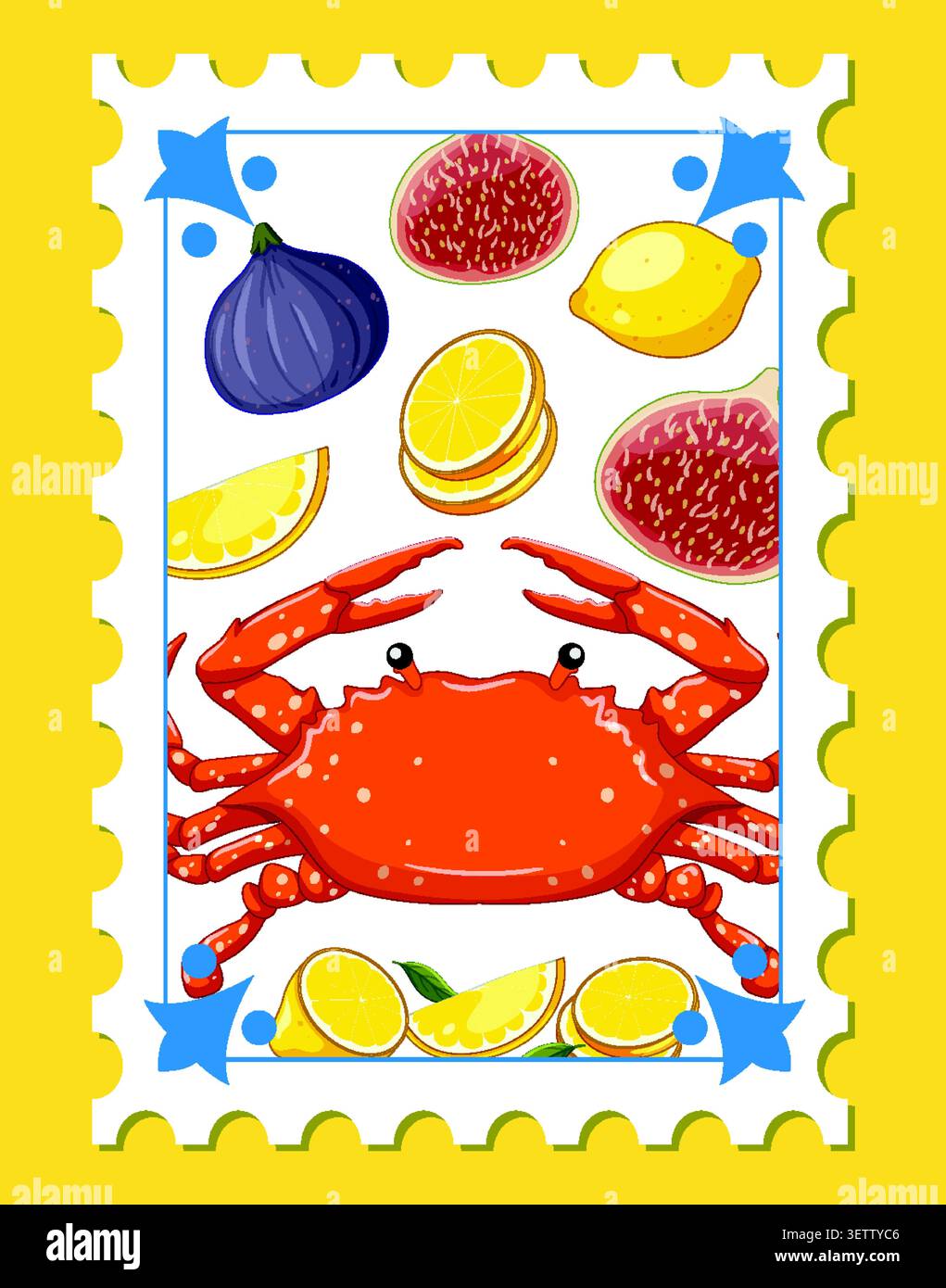 Flat vector postage stamp design with orange crab, purple figs, and yellow lemon slices. Stock Vector