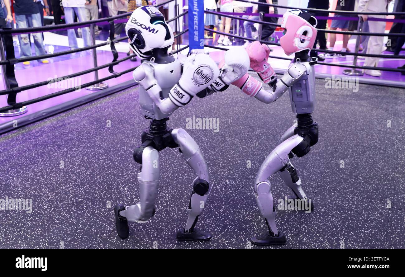 Visitors watch robot combat at the Digital Intelligence Technology ...