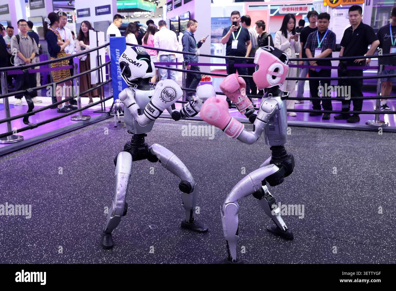 Visitors watch robot combat at the Digital Intelligence Technology ...